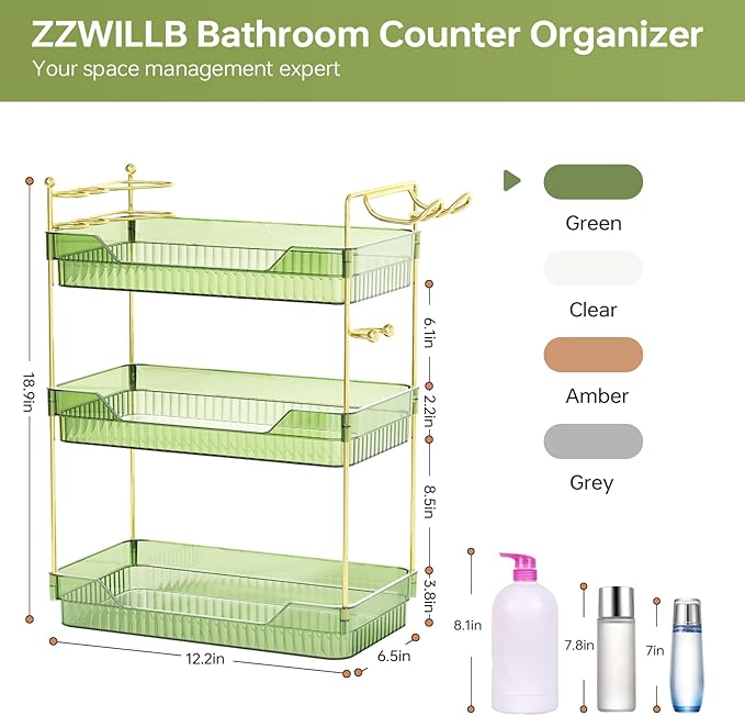 Bathroom Counter Organizer with Hair Dryer Holder and Toothbrush Holder, Acrylic Vanity Tray for Skincare, Perfume, Makeup Storage on Countertop ＆ Dresser (Green, 3-Tier)