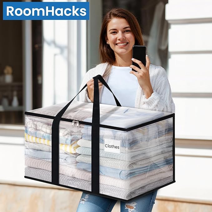 RoomHacks Clear Heavy Duty Extra Large Moving Bags, Reinforced Handle and Double Zipper, Storage Bags Alternative to Moving Box (2 Packs)