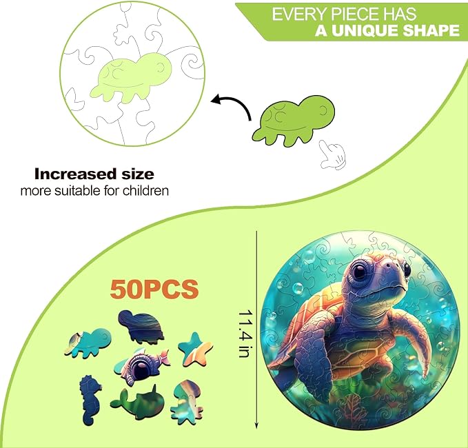 Wooden Puzzles for Kids Ages 4-8, Sea Turtle Puzzle, Unique Animal Shaped Wooden Jigsaw Puzzles for Kid, 50 Pieces Puzzles for Kids(50pcs,11.4 * 11.4in)