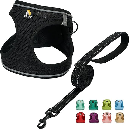 BELLA & PAL Step in Vest Harness for Small and Medium Dogs, No Pull Small Dog Harness with Leash Set, Comfortable Air Mesh Dog Vest Harness with Reflective Strip (Deep Black, S)