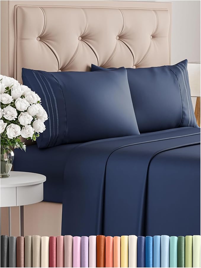 Full Size 4 Piece Sheet Set - Comfy Breathable & Cooling Bed Sheets Set - Hotel Luxury Bedding for Women, Men, Kids, Teens, Boys & Girls - Deep Pockets, Ultra-Soft, Wrinkle Free - Oeko-Tex - Navy Blue