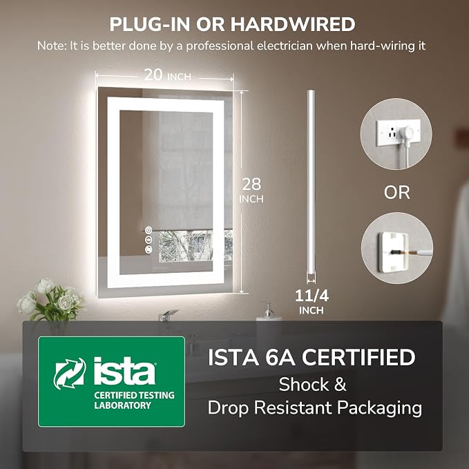 USHOWER LED Bathroom Mirror 20x28 Inch Tempered Glass