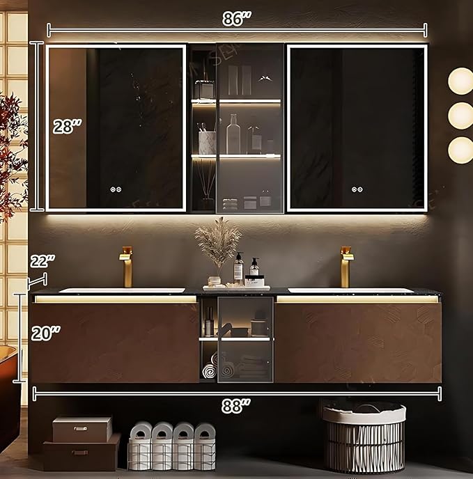 88" Double Bathroom Sink Vanity, Modern Bathroom Vanity Includes LED Smart Defogging Mirror Cabinet & Semi-Open Storage & Ceramic Basin, Floating Bathroom Cabinet with Sensor Light (Dark Brown)