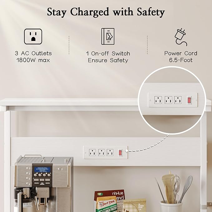 SUPERJARE Bakers Rack with Power Outlets, Microwave Stand, 31.5 X 16.5 Inch Larger Desktop, Kitchen Storage Rack with Adjustable Middle Shelf, 6 S-Shaped Hooks, Coffee Bar Stand, White