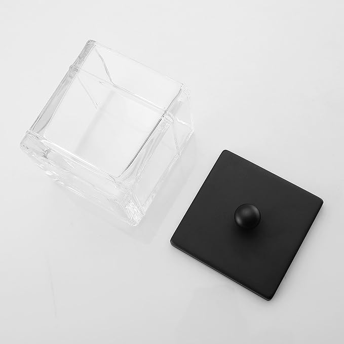 Glass Cotton Jar Holder 2 Pack– Matte Black Lid, Elegant Bathroom Storage Canister for Qtips, Cotton Balls, Floss, Makeup Organizer, Vanity & Bathroom Organization