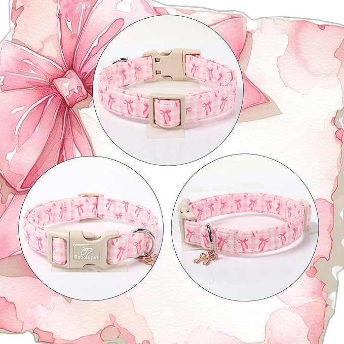 Girl Dog Collar for Giant Large Dogs - Cute Pink Plaid & Bow Print Spring/Summer Puppy Collar, Soft Adjustable Holiday Female Dog Collars with Quick Release Buckle XL