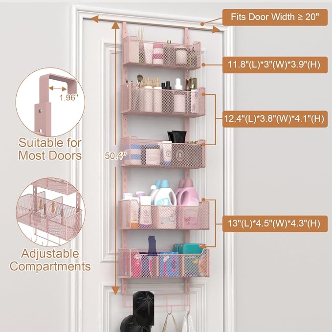 Over The Door Organizer, Metal Door Organizer Hanging with 5 Adjustable Baskets and Coat Hook, Behind The Door Storage for Bedroom Closet Bathroom Pantry Cabinet Kitchen, Pink