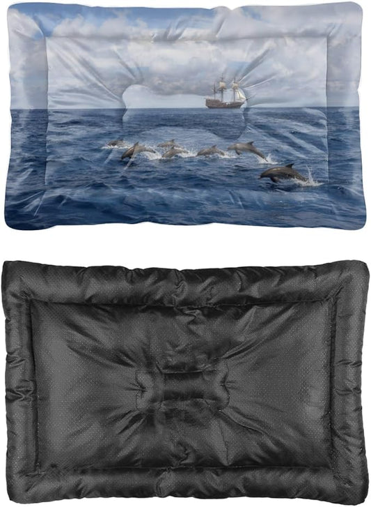 Dolphins Tall Ship Ocean Scene Dog Bed Travel Bed Mats for Dogs Pads for Dog Crates Medium Crate Washable Non-Slip Crate Small Portable Floor Mat Medium Sized Indoor Outdoor 24X18 Inch