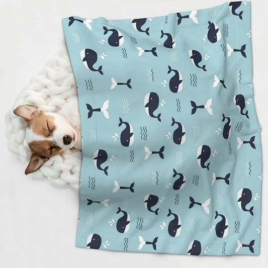 Double Sided Pet Mat for Dog Bed Topper Cat Blanket Furniture Protector, Whale in Ocean Pattern, Reversible Plush with Tactile Dot Pattern for Style Change