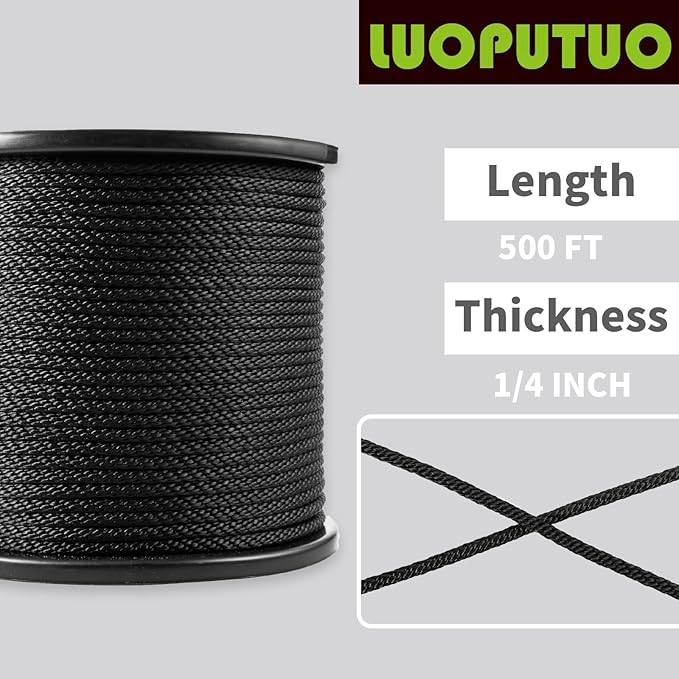 1/4 Inch 500FT Black Polyester Solid Braid Rope | High UV & Abrasion Resistance | Industrial Grade, Low Stretch | Multipurpose for Flag Poles, Clotheslines