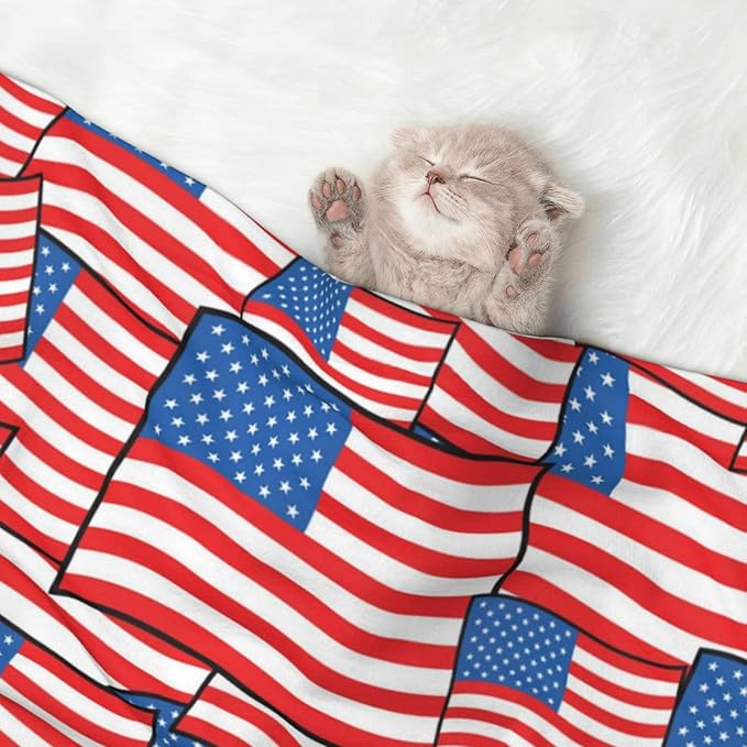 Reversible Plush Throw for Dogs and Cats, Novelty American Flag, Double Sided Blanket with Nubby Dot Side and Sleek Side Ideal for Cuddling Nesting Security