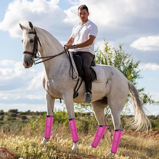 FOXLVDA Horse Fly Boots - Fly Boots for Horses Set of 8, Comfortable Horse Leggings, Mesh Material Design with Metal Support Bars for Reduces Stomping & Leg Fatigue (Green-Rose, Large)