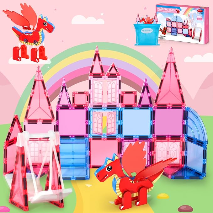 Magnetic Tiles for Kids Age 4-8 with Dragon, 36 Piece Princess Castle Magnet Tiles for Girls, Movable Dragon Sensory Toys for 3+, Creative Construction Building Set for Class, Xmas Gift for Grandkids