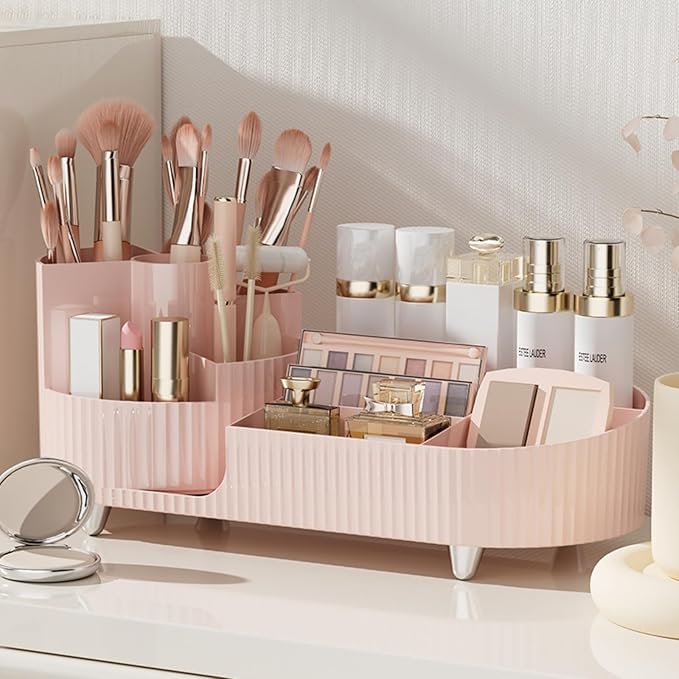 Rotating makeup organizer,Large Capacity Cosmetic Display Case, easy to hold all of your makeup products, at least 20 makeup brushes/eyeliner,10 lipsticks,8 skincare products(Pink)