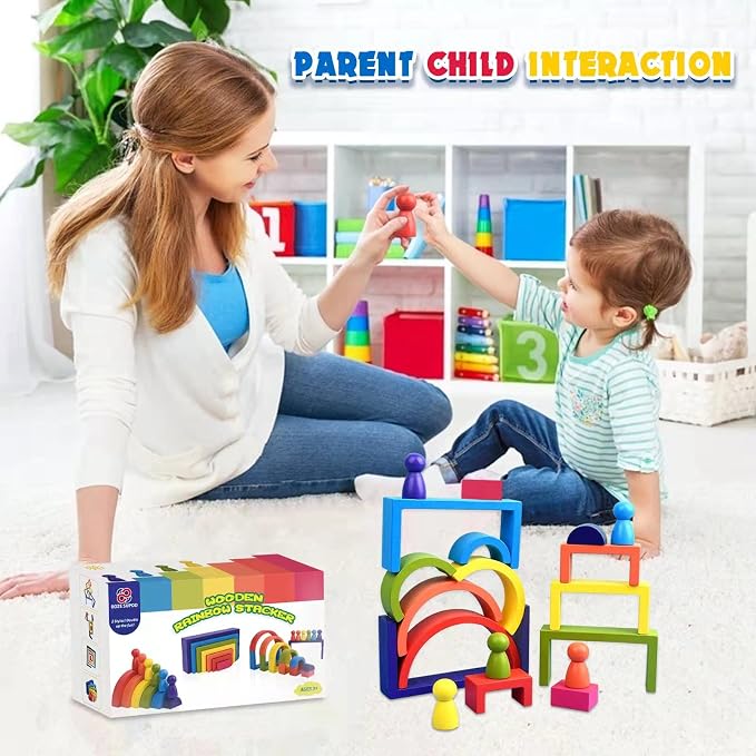 Wooden Toys, Montessori Toys for Kids 3 4 5 6+Years Old Boys Girls Rainbow Stacking Blocks Set Preschool Activites Educational Toy Gifts for Toddler-19PCS