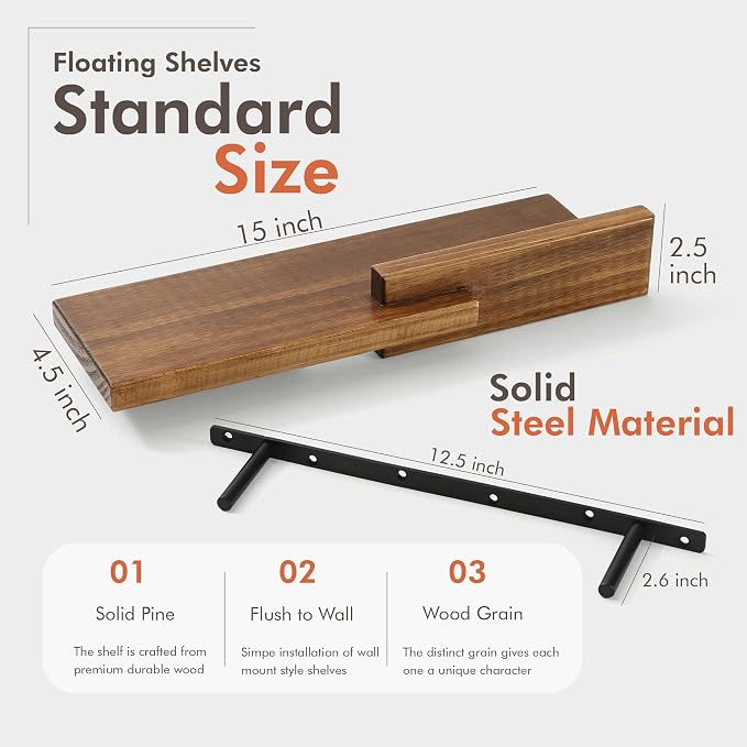 GRID FORTE Wood Floating Shelf Set of 2, 4.5D x 15W Inch Modern Reversible Wall