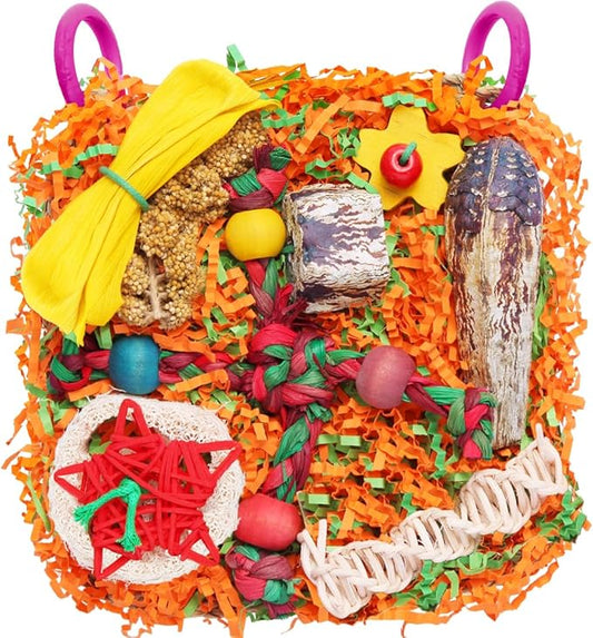 Bird Toys for Small & Medium Parrots - Natural Foraging & Shredding Cage Hanging Toys with Seagrass Mat, Starfruit, Loofah Slices for Budgies, Cockatiels, Lovebirds, Conures (1 PCS)