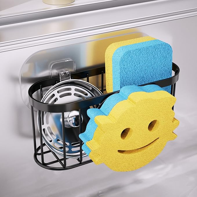 Consumest Sponge Holder Smiley Face - Kitchen Sink Caddy, Sink Organizer with Removable Suction Cups & Adhesive Strips, Suit for Sponge, Soap, Black