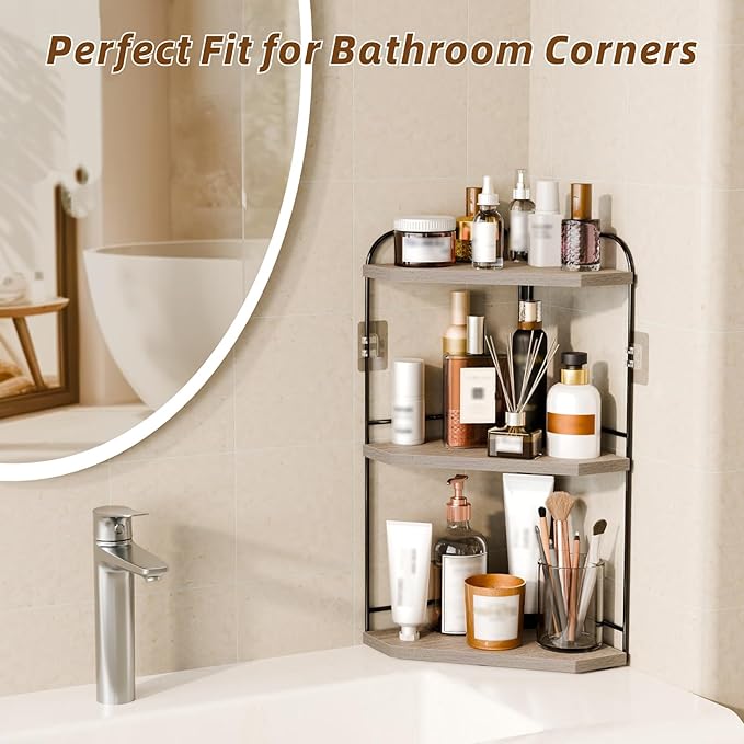 Corner Bathroom Counter Organizer, 3-Tier Wood Countertop Organizer for Perfume, Makeup Storage, Skincare Organizers for Vanity, Counter Corner Shelf for Kitchen, Bathroom, Dresser (Grey)