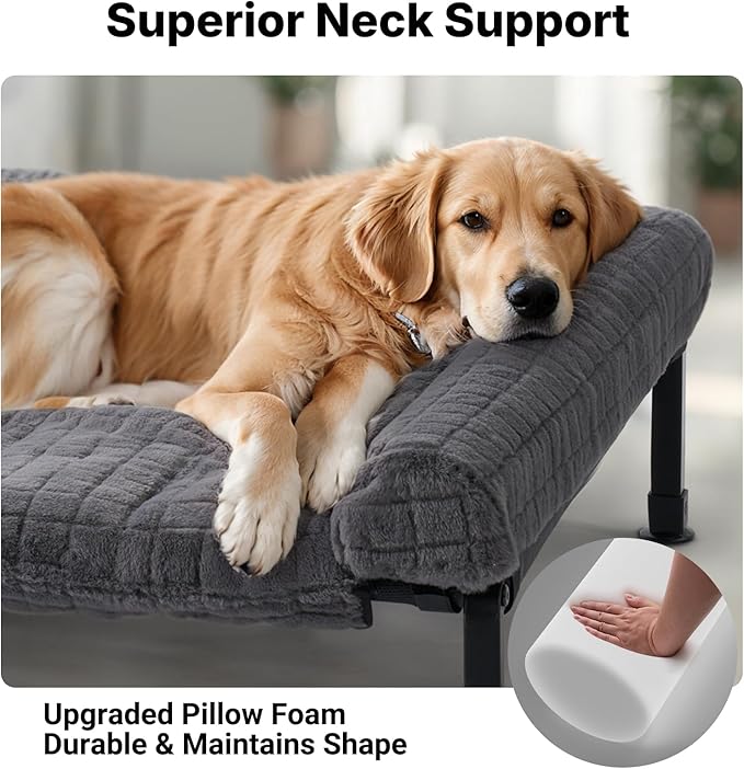 Veehoo Elevated Dog Bed Large Sized with Fluffy Plush Bolster Cushion, Washable Orthopedic Dog Couch Bed, Cooling Raised Pet Cot with Removable Mat, Breathable Mesh, No-Slip Feet, 53 x 37 inches, Grey