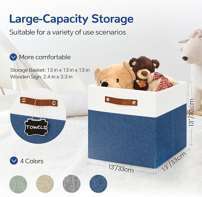 13x13 Storage Cubes 4-Pack, Large Foldable Fabric Cube Storage Bin with Reinforced Bottom and Labels, Organizer Baskets for Shelves, Closets(White/Blue)