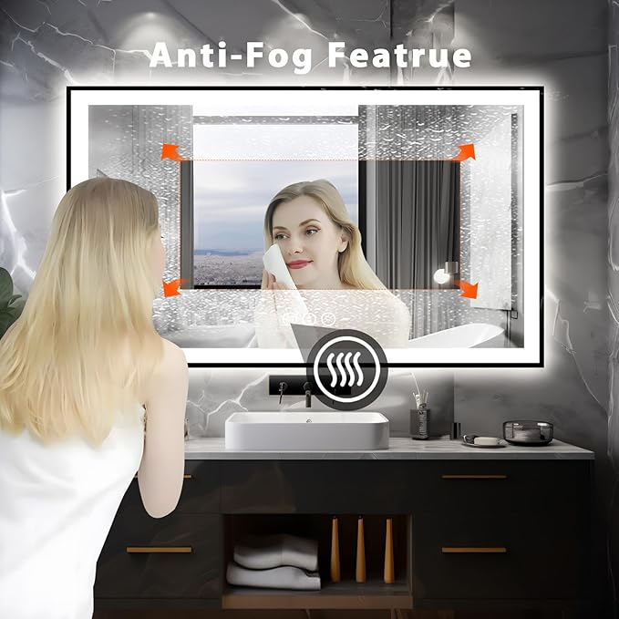 55x36 LED Bathroom Mirror, Black Aluminum Framed, Backlit + Front-Lit, 3 Colors Temperature Changeable, Dimmable Vanity Mirror, Tempered Glass, Defog, Waterproof, Memory (Horizontal/Vertical)