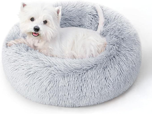 Medium Calming Dog Bed & Cat Bed with Anti-Slip Bottom, Medium Size Washable Anti-Anxiety Donut Dog Beds for Medium & Large Dogs, Fluffy Plush Cozy Round Dog Bed(30 Inch, Light Grey)