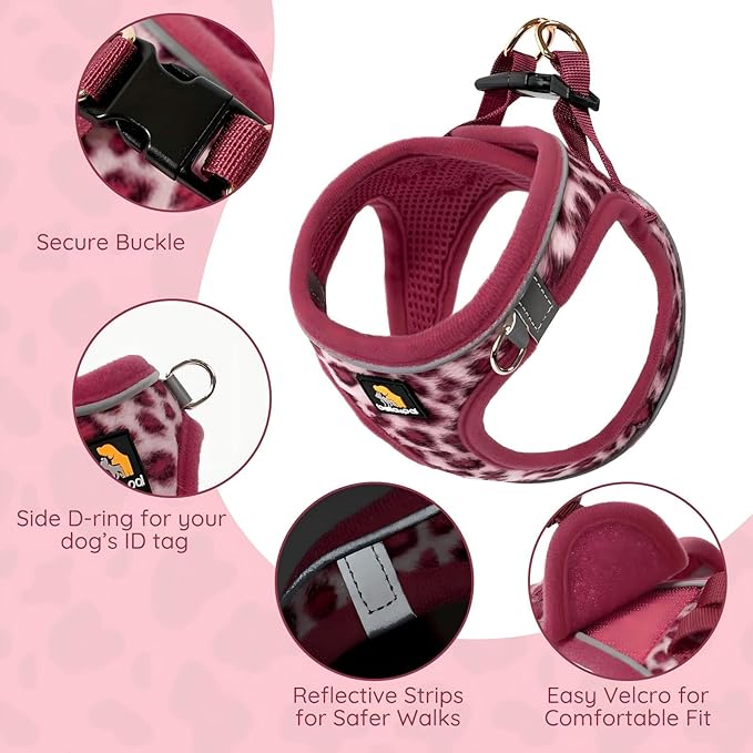 BELLA & PAL Step in Vest Harness for Small and Medium Dogs, No Pull Small Dog Harness with Leash Set, Comfortable Air Mesh Dog Vest Harness with Reflective Strip (Pink Leopard, M)