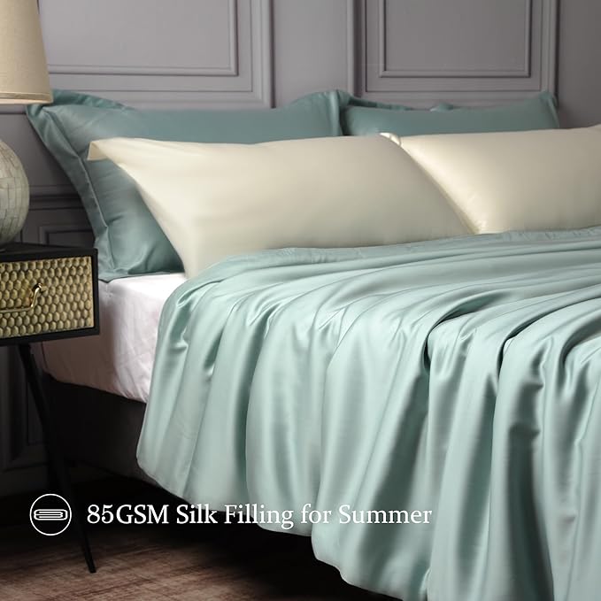 CUDDLE DREAMS Lightweight Silk Filled Comforter for Summer, Detachable Tencel Duvet Cover for Easy Care, Naturally Breathable (Celadon, King)