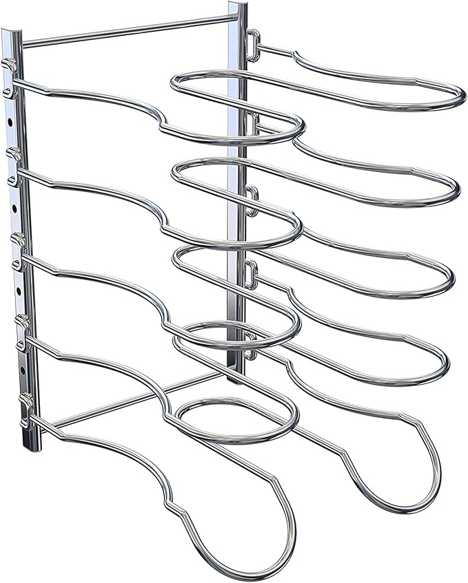 CAXXA Heavy Duty Pan Rack, Pot Lid Rack, Kitchen Cabinet Pantry Cookware Organizer Rack Holder with 5 Adjustable Dividers, Chrome