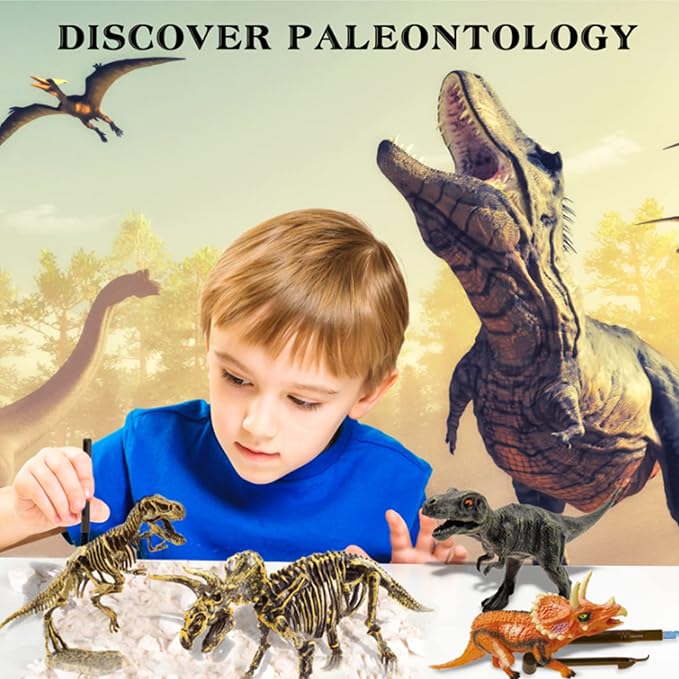 Dinosaur Fossil Dig Kit, Dino Excavation Kits for Kids, Educational Science Kits, Dinosaur Toys for Kids, Dig up 2 3D Skeleton Puzzles and 2 Dino Figures Including T-Rex, Triceratops