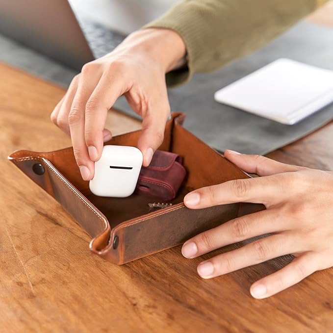 Handmade Leather Catch All Tray, Customizable Handcrafted Genuine Leather Valet Tray and Organizer for Keys, Phones, Jewels, Coins, Square - Small, Grey