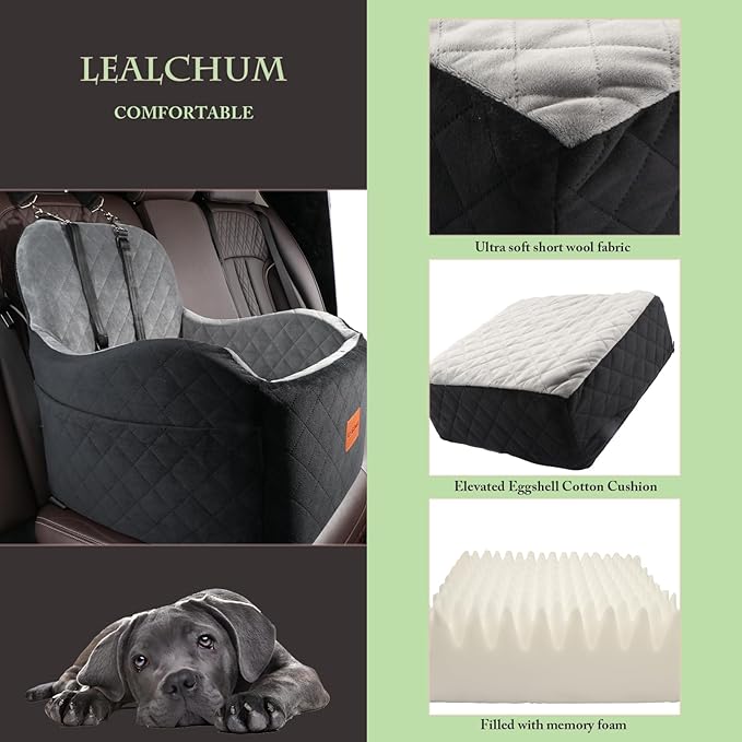 Dog Booster Car Seat for S/M Dogs Up to 35lbs,Soft 6in Elevated Cushion,Fits in Front/Back Seat,Fully Detachable and Washable,2 Storage Pockets & 3 Straps,Easy to Install (Black/Brown,Medium)