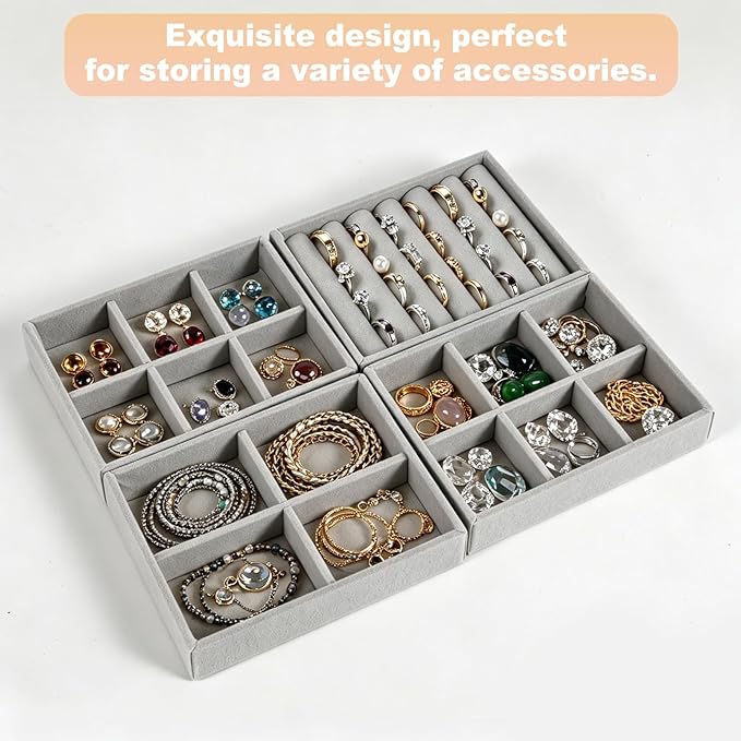 8-Piece 6" Velvet jewelry drawer organizer inserts Removable Dividers, Stackable Drawer Organizer for Rings Earrings Makeup, Vanity Dresser Storage