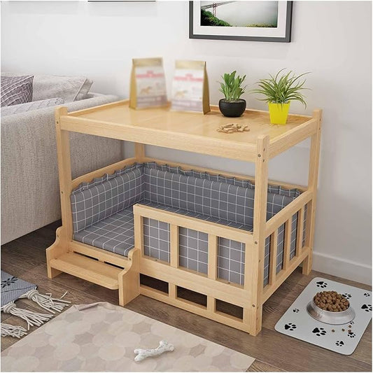 XPLKQXE Dog Bed Wood Platform, Elevated Pet Cushion Bed, Animal Couch with Mattress, Dog Beds & Furniture Rest Cot, Portable Fence Bed Pet Up to 45kg/100lbs(Color:Gray,Size:75x50x65cm)