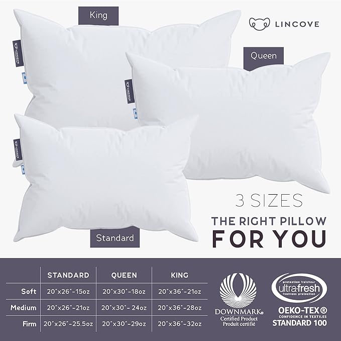 Lincove Cloud Natural Canadian Down Pillow, White Luxury Sleeping Pillow - 625 Fill Power, 500 Thread Count Cotton Shell, Made in Canada, King - Firm, 1 Pack