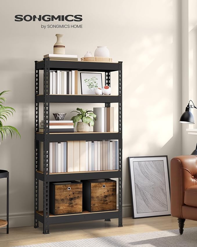 SONGMICS 5-Tier Storage Shelves, Load 2310 lb, Garage Storage, Boltless Assembly, Adjustable Shelving Unit, 11.8 x 29.5 x 59.1 Inches, for Study Shed Basement, Black and Rustic Brown UGLR300B11