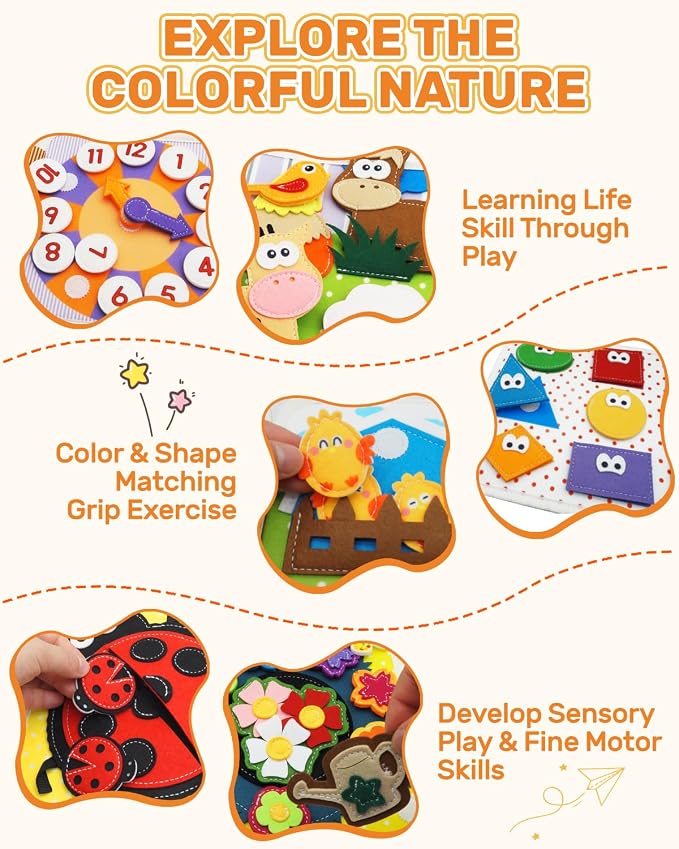 Busy Book for Toddlers 1-3, Busy Board for 1 Year Old, Montessori Toys | Baby Felt Activity Quiet Books, Toddler Travel Toys for Plane & Car, Preschool Educational Learning, Boys Girls Birthday Gift