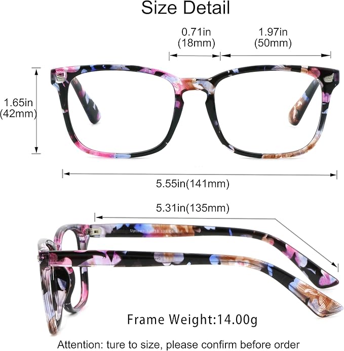 YEIN Bifocal Reading Glasses with Blue Light Blocking Lenses, Bifocal Reader for Women, Vintage Square frame with Spring Hinge (+0.00/+2.00 magnification)