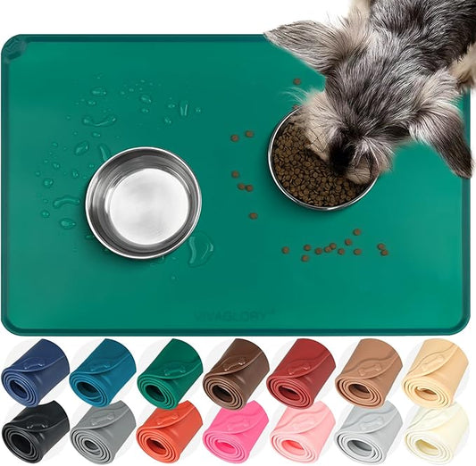 VIVAGLORY Dog Food Mat Flexmat Dog Bowl Mat, Placemat Food Tray with Raised Edges & Lip for Indoor Floor, Non Slip Waterproof Silicone Dish Placemat for Cat & Pet, S, Deep Green
