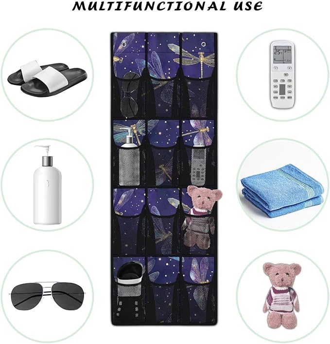 Glowing Dragonfly Over Door Hanging Organizer, 12 Glow-in-the-Dark Mesh Pockets for Night Visibility, Perfect for Dorm Room & Apartment Bathroom Storage