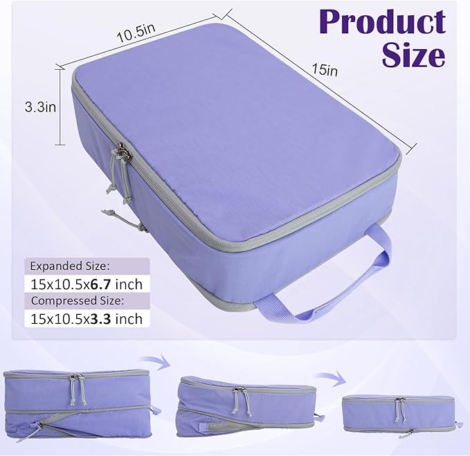 Large Compression Packing Cubes for Travel, 2 Set Compression Bags Travel Cubes for Packing Suitcase Organizer Luggage Organizer Bags Set, Purple