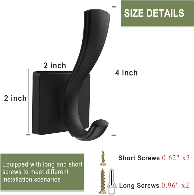 TOFIIGREM Black Coat Hooks for Wall Hanging, Bath Robe Hook Heavy Duty Thick