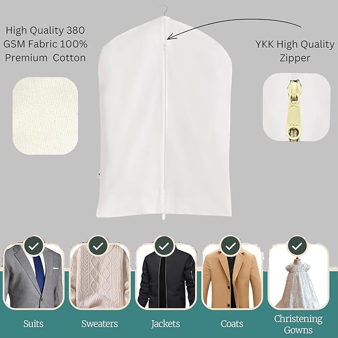 Garment Bag for Hanging Clothes – Organic Cotton Suit & Coat Cover with Zipper | Breathable Closet Organizer for Travel & Storage (Small (24"x35"), Off-White)