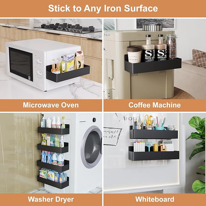 Mystozer Magnetic Spice Rack for Refrigerator, Kitchen Organizer and Storage Shelf, Black (4 Pack)…