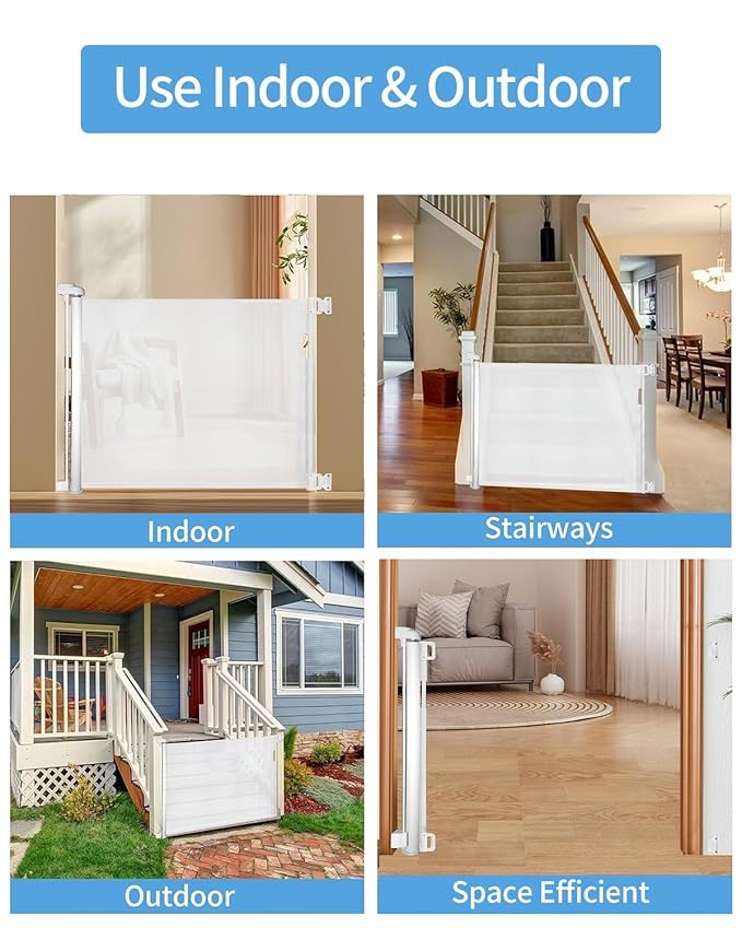 Retractable Baby Gate for Doorways and Stairs, Mesh Safety Gate for Pet, Indoor & Outdoor Use, One-Hand Operation, Easy Installation, 33.6" Tall, Expands to 55" Wide（White,33.6"x55"