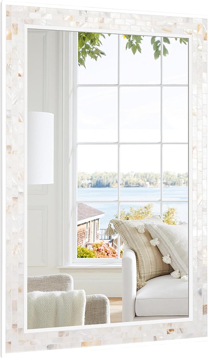 Mosaic Bathroom Mirrors for Wall 24x36 Inch, Natural Mother of Pearl Inlay