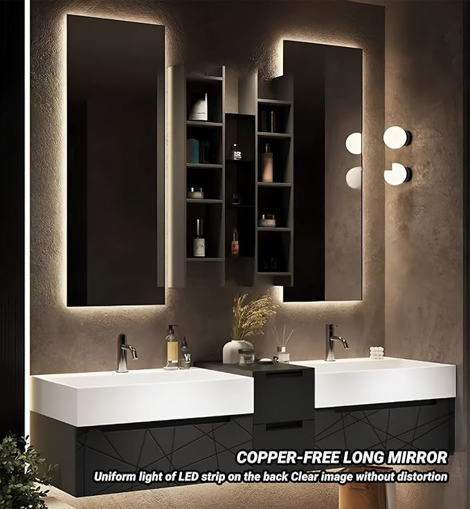 Double Bathroom Vanity with Sink, Floating Modern Bathroom Vanity Set Includes LED Smart Defogging Mirror and Open Storage Wall Cabinet, Solid Wood Bathroom Cabinet with Large Drawer (Apricot, 64")