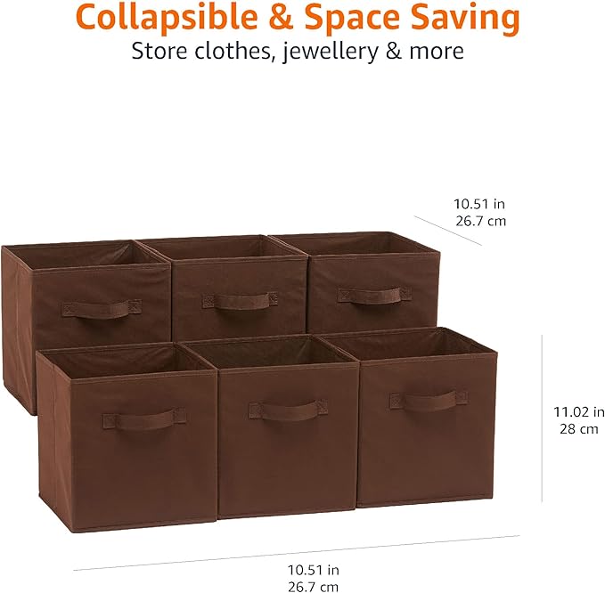 Amazon Basics Cube Organizer Storage Bins Handles, Collapsible Fabric, Pack of 6, 10.5"x10.5"x11", Brown