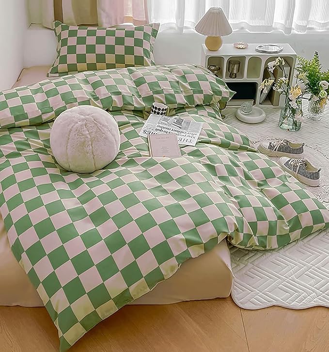KAREVER Green White Grid Comforter Set Twin Sage Green Plaid Bedding Set Girls Light Green White Checkered Bed Set Breathable Blanket Set Kids Durable Bedding Comforter Set